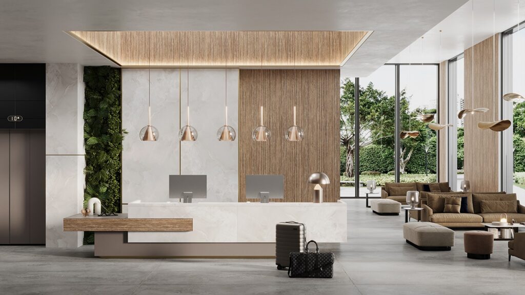 Hotel Design Reception Desk Arpa 4644 Tuet Caravella Light 3520 Onice Perla 0736 Grigio British