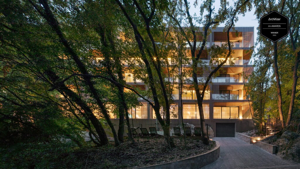 Exterior Ho.Re .Ca . Facade with Battens Lunawood Thermowood Wall Cladding Hotel Umani Bulgaria STARH Architects a