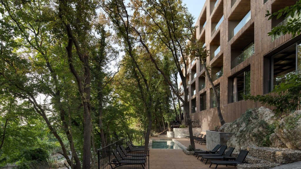 Exterior Ho.Re .Ca . Sector Facade with Battens Lunawood Thermowood Wall Cladding Hotel Umani STARH Architects d
