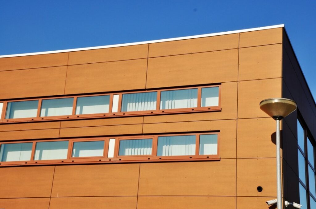 Exterior Office Design Facade Trespa Meteon Compact Wall Cladding Wood Decor RSG Levant Zeewolde b