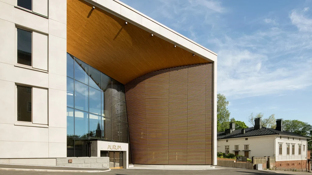 Exterior Office Design Facades Lunawood Thermowood Aurum Turku Curvy Wall Cladding entrance