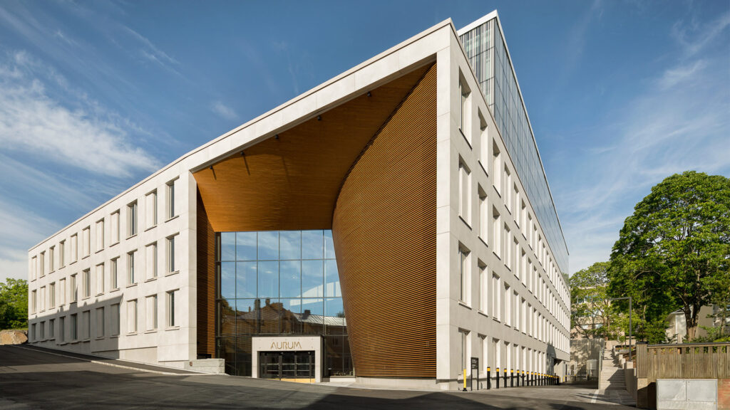 Exterior Office Design Facades Lunawood Thermowood Aurum Turku Curvy Wall Cladding entrance a