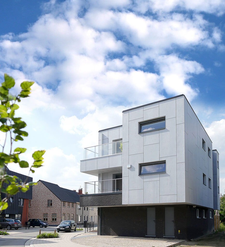 Exterior Residential Facade Ceiling Swisspearl Authentic Patina Original P020 Apartments Wetteren Netherlands b
